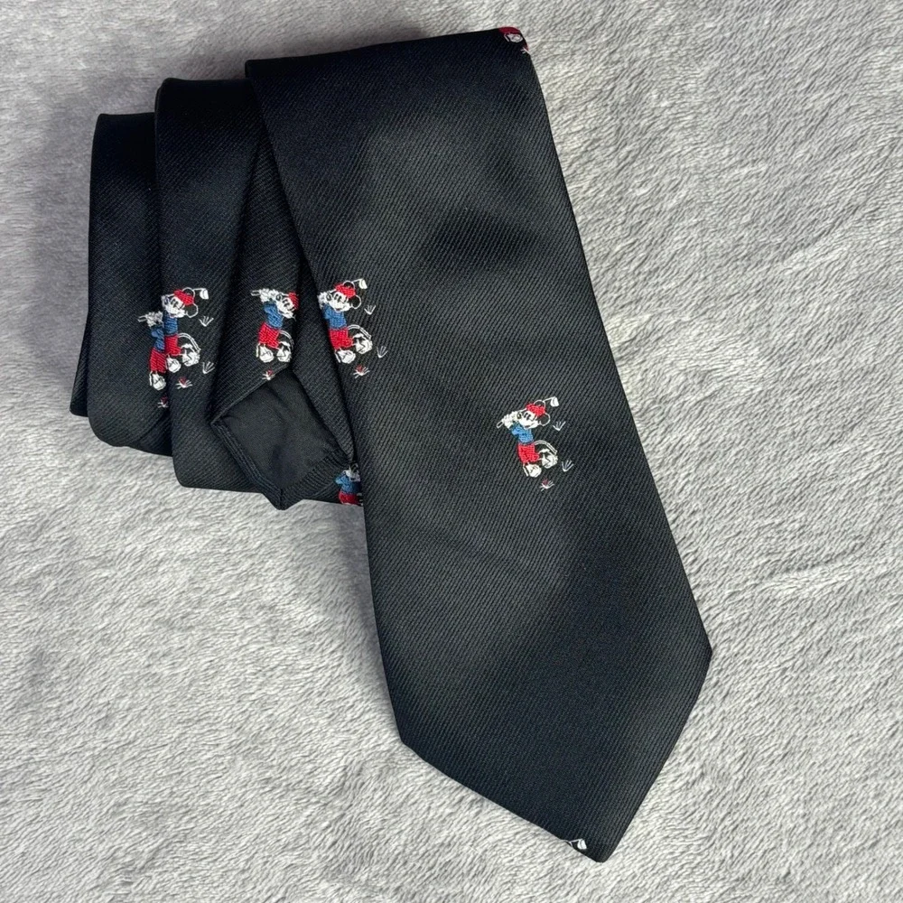 Disney Necktie Mens‎ Black Mickey Mouse Golf Embroidered Silk Blend USA Vintage